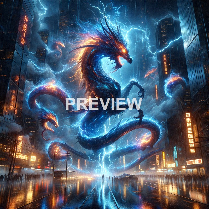 A large, fiery dragon with electric blue lightning accents is depicted soaring through a futuristic cityscape, surrounded by tall skyscrapers, glowing signs, and stormy clouds.